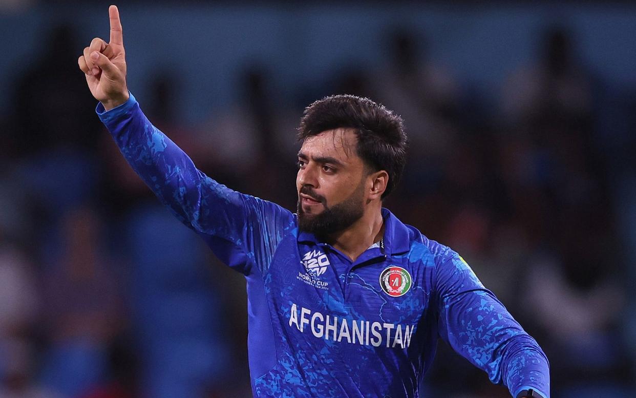 Rashid Khan of Afghanistan celebrates after dismissing Soumya Sarkar of Bangladesh at the T20 World Cup