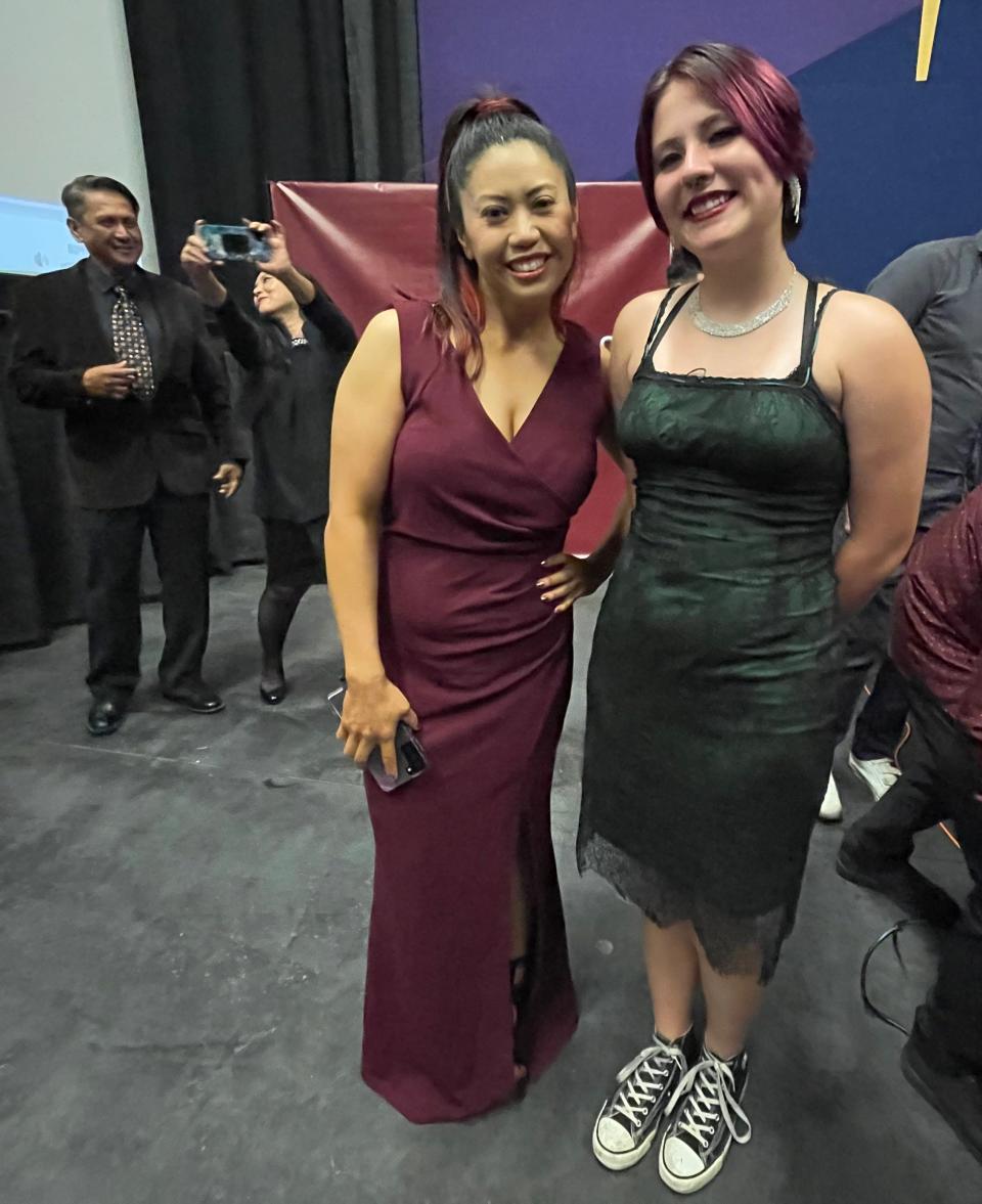 Actresses Lenor Soriano, left, and Heaven Leigh after the  
red-carpet screening of the sci-fi film UNSHADOW: Hiding Place on Sunday at the AMC theater in Apple Valley.