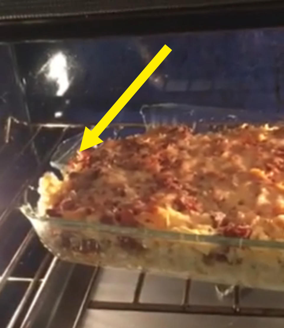 broken pyrex baking dish in an oven