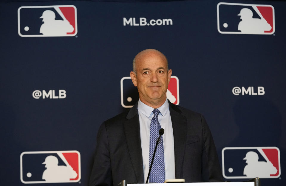 CORRECTS LAST NAME TO FISHER, NOT FOSTER AS ORIGINALLY SENT - Athletics owner John Fisher pauses while speaking during a news conference after a Major League Baseball owners meeting in Arlington, Texas, Thursday, Nov. 16, 2023. The Oakland Athletics’ move to Las Vegas was unanimously approved Thursday by Major League Baseball team owners, cementing the sport’s first relocation since 2005. (AP Photo/LM Otero)
