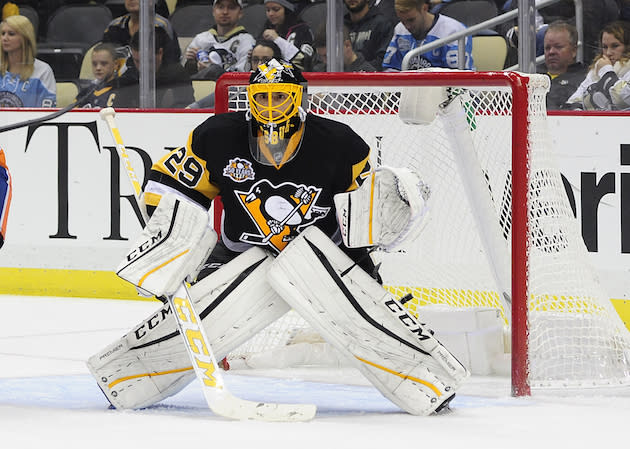 PITTSBURGH, PA - OCTOBER 27: Marc-Andre Fleury @29 of the Pittsburgh Penguins looks on against the New York Islanders at PPG PAINTS Arena on October 27, 2016 in Pittsburgh, Pennsylvania. (Photo by Matt Kincaid/Getty Images)