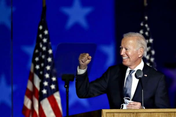 PHOTO: In this Nov. 4, 2020, file photo, Joe Biden, 2020 Democratic presidential nominee, gestures while arriving during an election night party in Wilmington, Delaware. (Bloomberg via Getty Images, FILE)