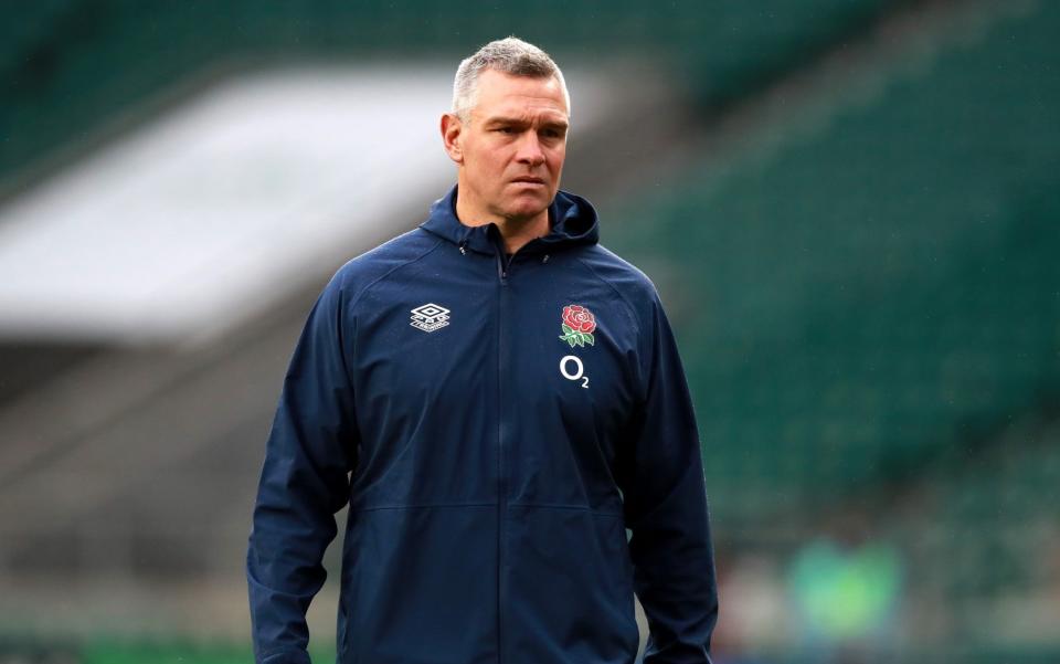 Jason Ryles, the England skills coach looks on in the warm prior to the Quilter International match between England and Georgia at Twickenham Stadium on November 14, 2020 in London, England.