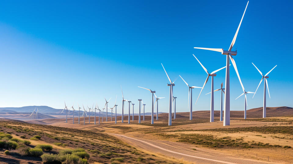 A line of wind turbines against a clear sky, reflecting the companies clean energy efforts.