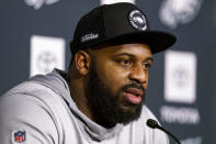 Philadelphia Eagles defensive end Fletcher Cox talks to the media before an NFL football workout, Thursday, Jan. 26, 2023, in Philadelphia. The Eagles are scheduled to play the San Francisco 49ers Sunday in the NFC championship game.(AP Photo/Chris Szagola)