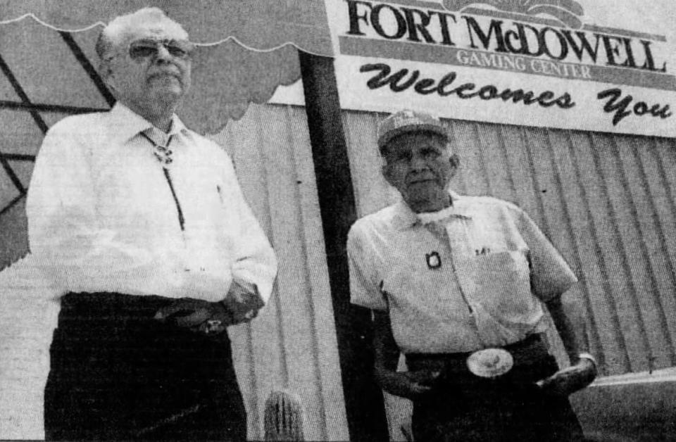 Tribal president Clinton Pattea (left) and Vice President Gilbert Jones work together to protect the interests of the Fort McDowell Indian Community. (Published June 8, 1992)