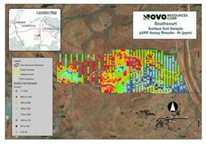 Southcourt Ni soil geochemistry (pXRF) with overlapping Cu anomaly Co anomaly (white shapes) and VTEM conductors (white dashed circles.)