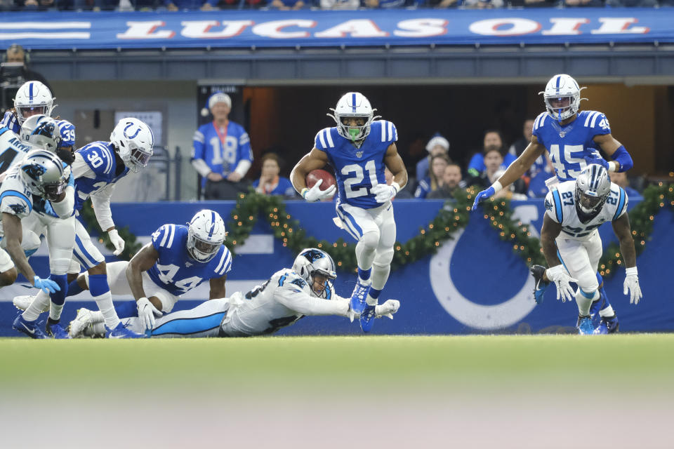 Indianapolis Colts' Nyheim Hines runs back a punt for a touchdown during the first half of an NFL football game against the Carolina Panthers, Sunday, Dec. 22, 2019, in Indianapolis. (AP Photo/AJ Mast)