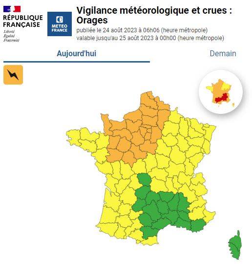 Carte de vigilance « Orages » publiée jeudi 24 août à 6 heures du matin par Météo France.