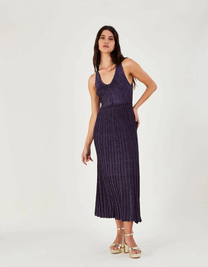 Metallic midi halter neck dress with recycled polyester purple (Monsoon)