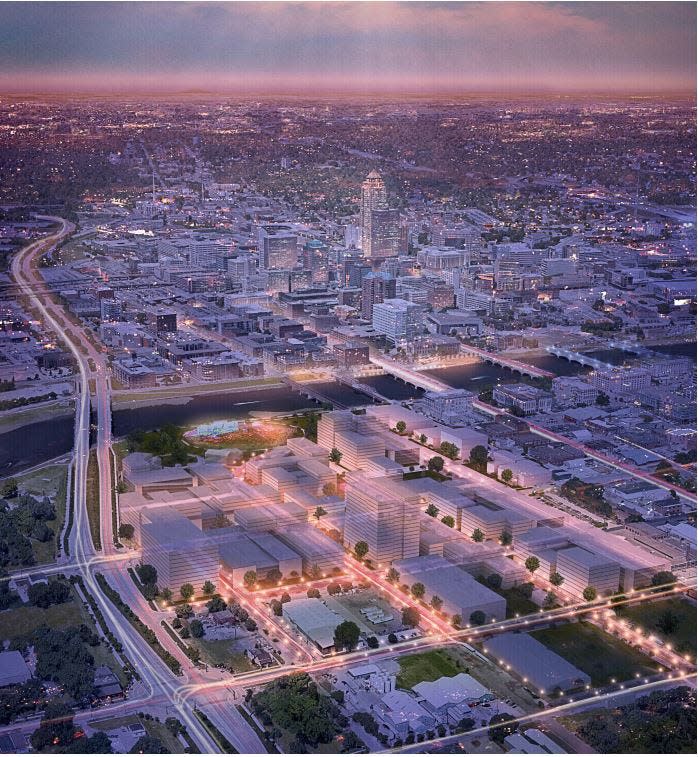 A view of JSC Properties' proposed redevelopment of 11 blocks in the Market District as it relates to the Des Moines skyline.