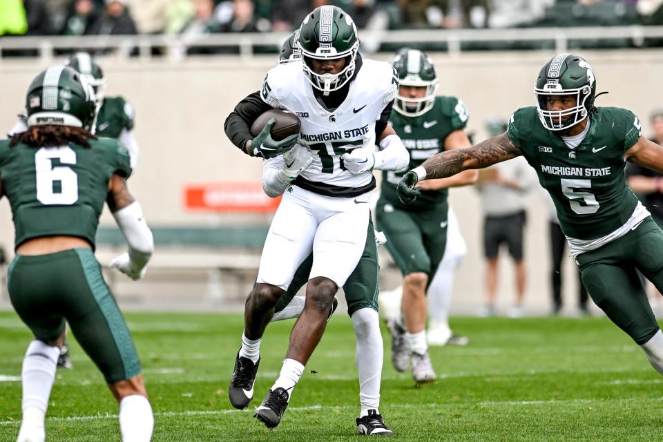 Michigan State's Nick Marsh runs after a catch during the Spring Showcase on Saturday, April 20, 2024, at Spartan Stadium in East Lansing.