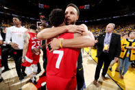 Kyle Lowry #7 of the Toronto Raptors and Stephen Curry #30 of the Golden State Warriors hug after the Raptors defeat the Warriors in Game 6 of the 2019 NBA Finals on June 13, 2019 at ORACLE Arena in Oakland, California. (Photo by Nathaniel S. Butler/NBAE via Getty Images)