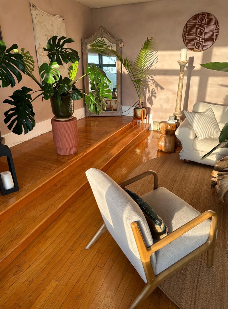 Living room with steps and large plants in planters.