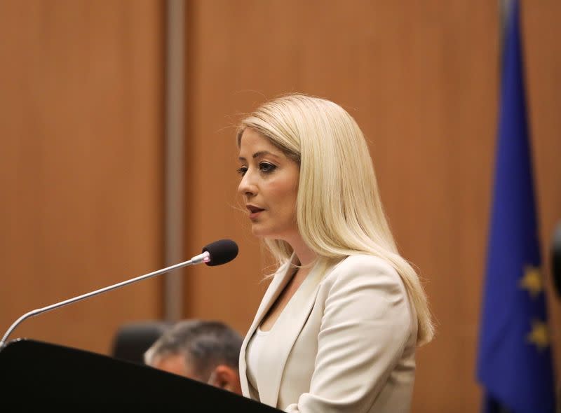 Newly elected Cypriot parliamentary speaker Annita Demetriou addresses the parliament in Nicosia