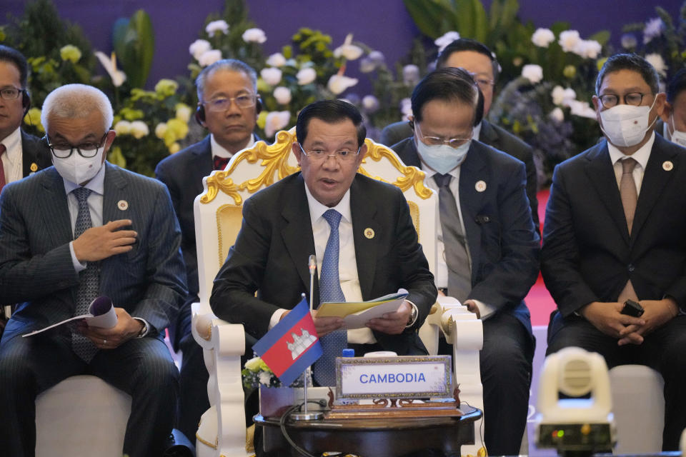 FILE - Cambodian Prime Minister Hun Sen addresses during the second Southeast Asian Nations (ASEAN) Global Dialogue in Phnom Penh, Cambodia, Sunday, Nov. 13, 2022. Hun Sen said Tuesday, Nov. 15, 2022, he has tested positive for COVID-19 at the Group of 20 meetings in Bali, just days after hosting many world leaders, including President Joe Biden, for a summit in Phnom Penh. (AP Photo/Anupam Nath, File)