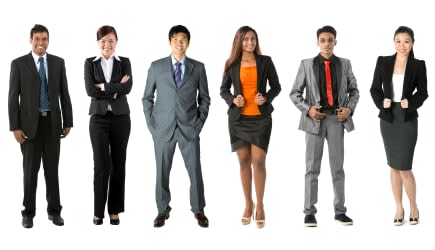 Full length Portrait of a multi-culural business team. Isolated on a white background.