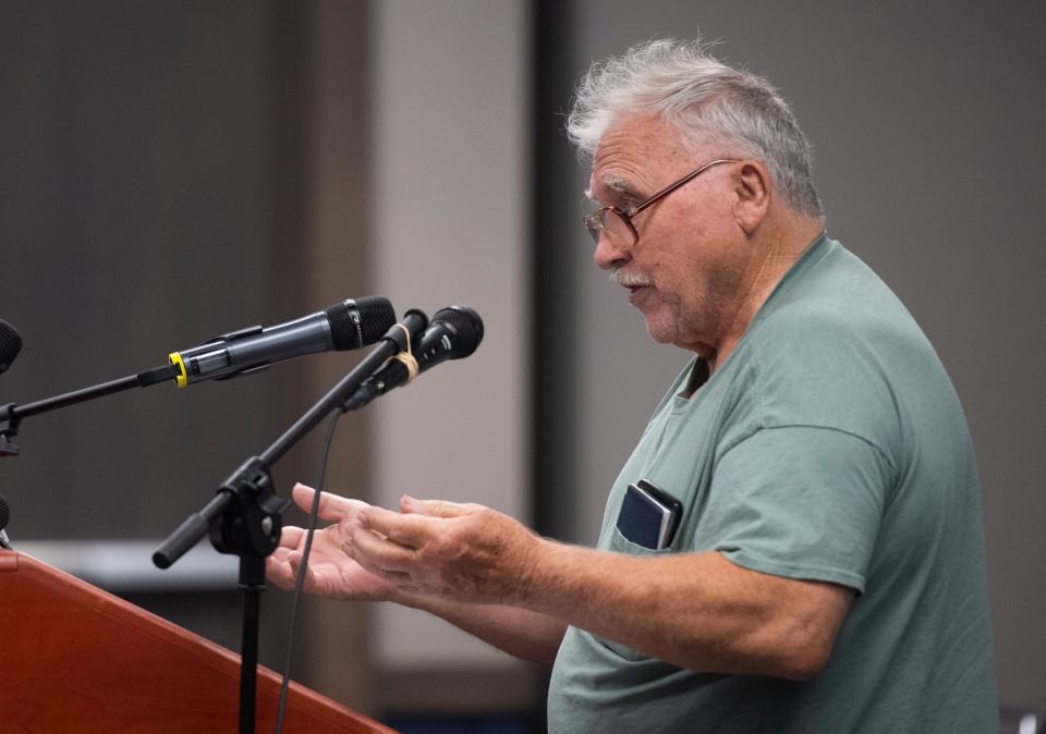 Russel Granderson addresses the Indiana Utility Regulatory Commission during a hearing to receive public comments on the latest CenterPoint rate increase request at the Old National Events Plaza in Evansville, Ind., Wednesday, Sept. 13, 2023.