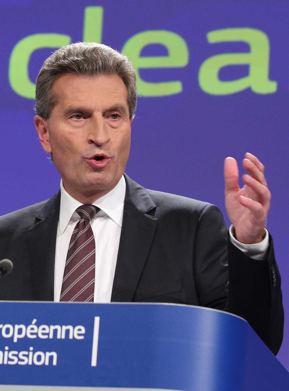 European Commissioner for Energy Guenther Oettinger addresses the media on the risk and safety assessment of nuclear power plants in the EU, at the European Commission headquarters in Brussels, Thursday, Oct. 4, 2012. (AP Photo/Yves Logghe)