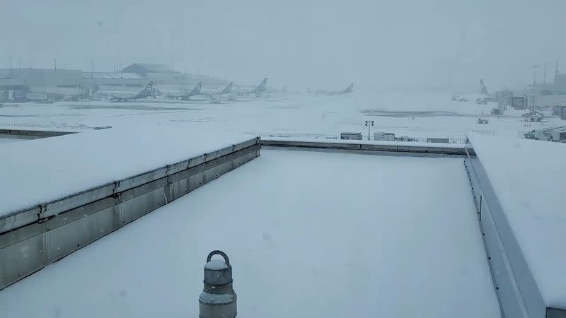 Airplanes are seen on the tarmac of Portland International Airport as it snows in Portland, Oregon