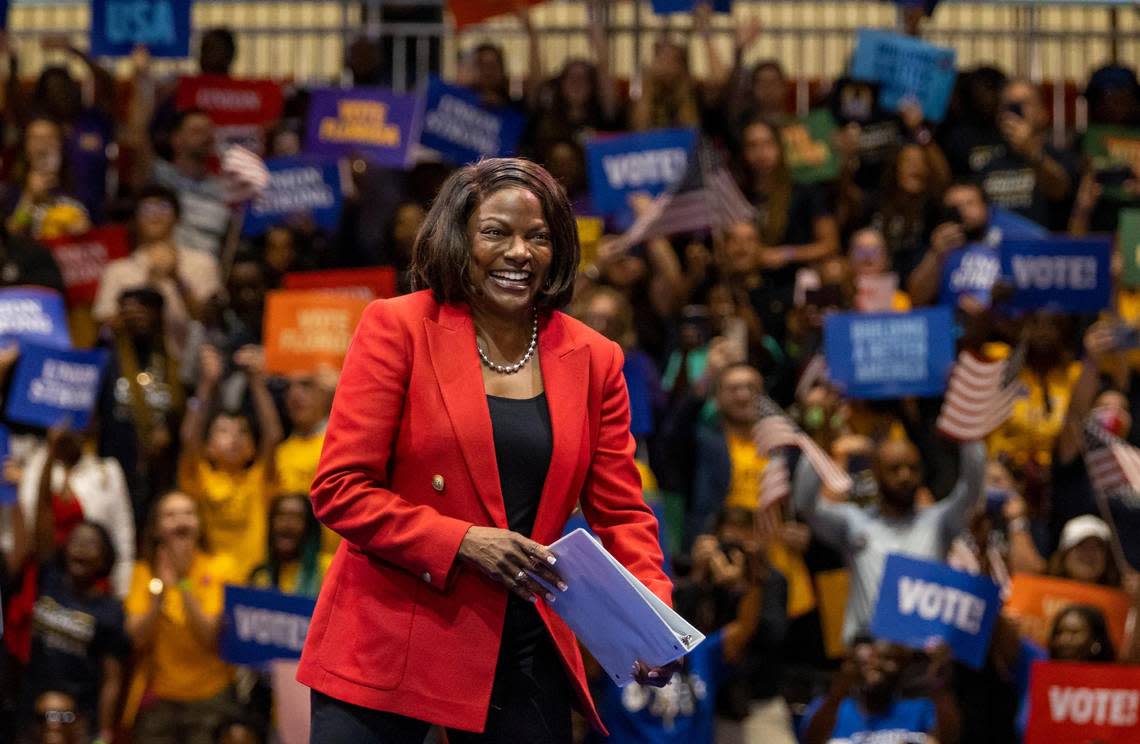 Val Demings, who is running against Marco Rubio for Florida Senator, reacts during a political rally at Florida Memorial University on Tuesday, Nov. 1, 2022, in Miami Gardens, Fla. The rally was held in anticipation of the Nov. 8th elections.