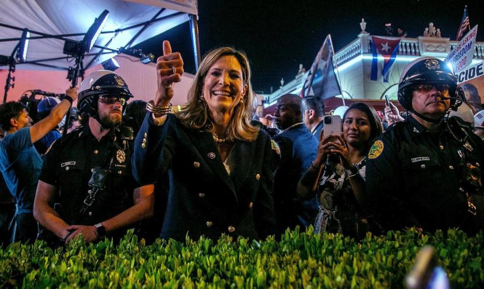 Republican U.S. Rep. Maria Elvira Salazar, of Miami, greets Cuban Americans at a rally while attending a GOP town hall on Cuba broadcast live from Versailles Restaurant hosted by Fox News host Sean Hannity.