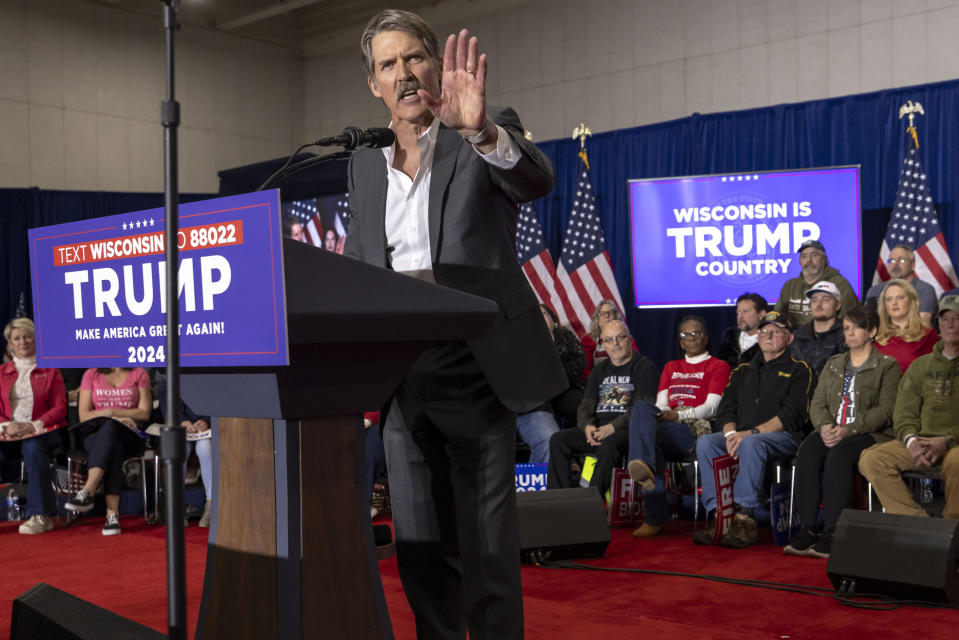 Madison, Wis., businessman and Republican U.S. Senate candidate, Eric Hovde speaks Tuesday April 2, 2024, at a former President Donald Trump rally in Green Bay, Wis. The Wisconsin Senate race between Democratic Sen. Tammy Baldwin and Republican Eric Hovde is setting up as one of the most competitive and expensive Senate races in the country. (AP Photo/Mike Roemer)