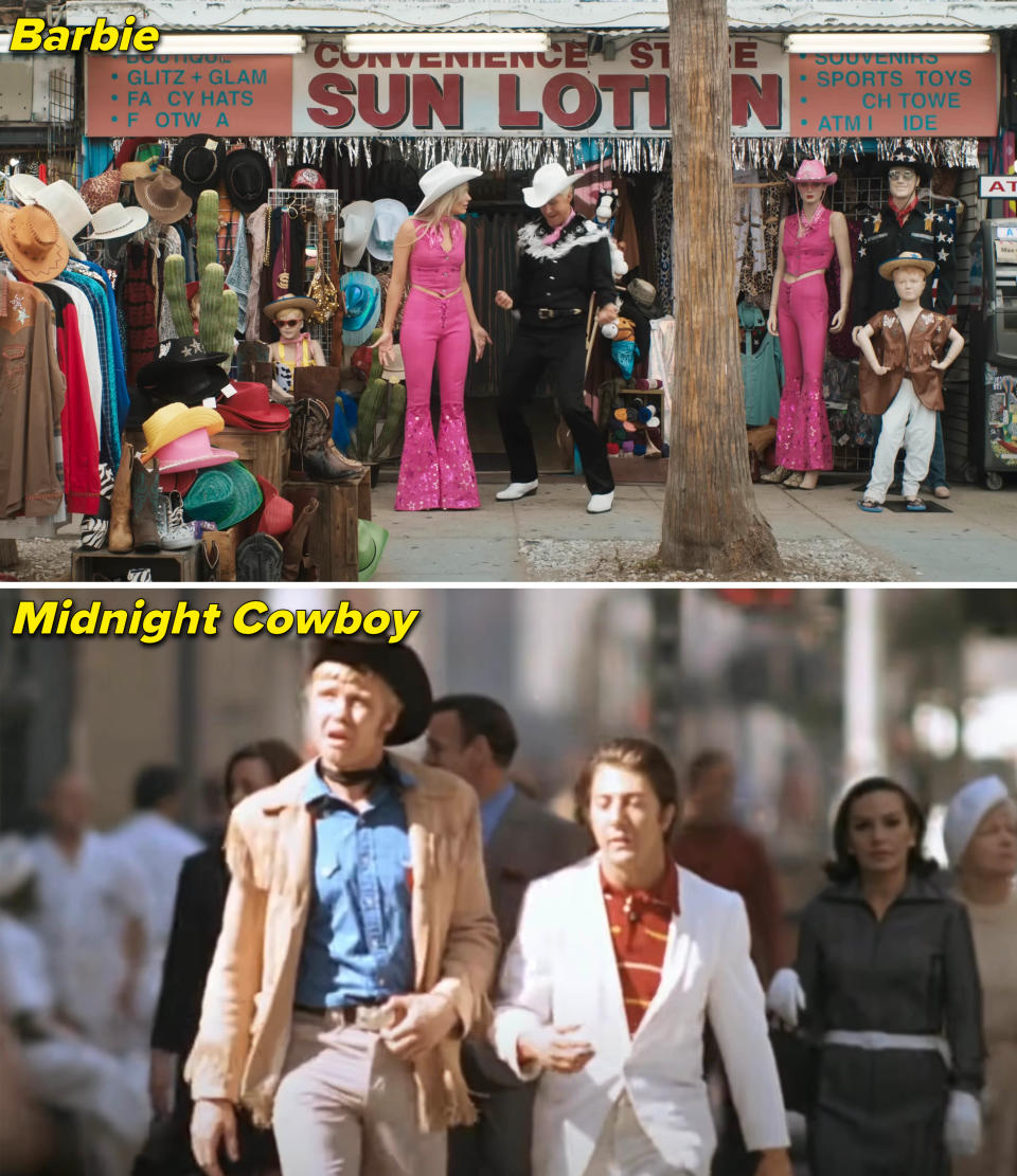 the two scenes of the characters wearing cowboy outfits