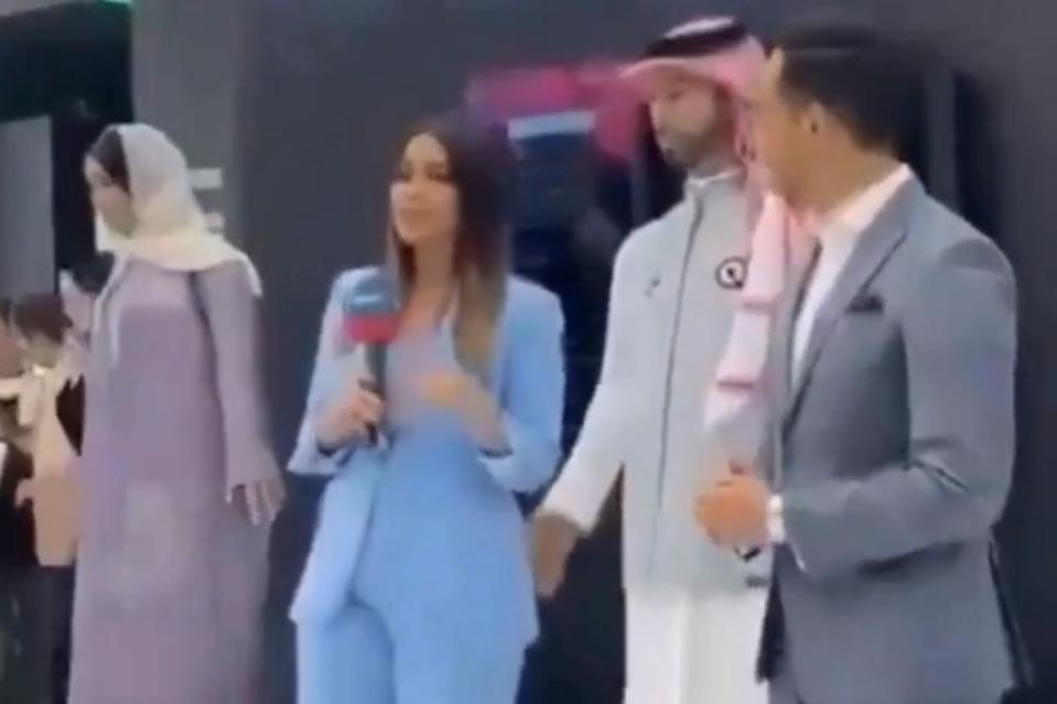 Journalist Rawya Kassem was speaking in front of an AI robot named Mohammad when he seemed to subtly move to touch her butt, startling her. Historic Vids, /X