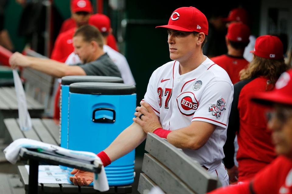 Cincinnati Reds catcher Tyler Stephenson (37) stretches on his day off before the first inning of the MLB National League game between the Cincinnati Reds and the Washington Nationals at Great American Ball Park in downtown Cincinnati on Thursday, June 2, 2022.