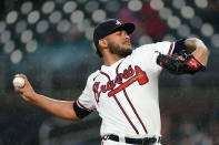 Atlanta Braves starting pitcher Huascar Ynoa delivers to a Colorado Rockies batter during the first inning of a baseball game Wednesday, Sept. 15, 2021, in Atlanta. (AP Photo/John Bazemore)