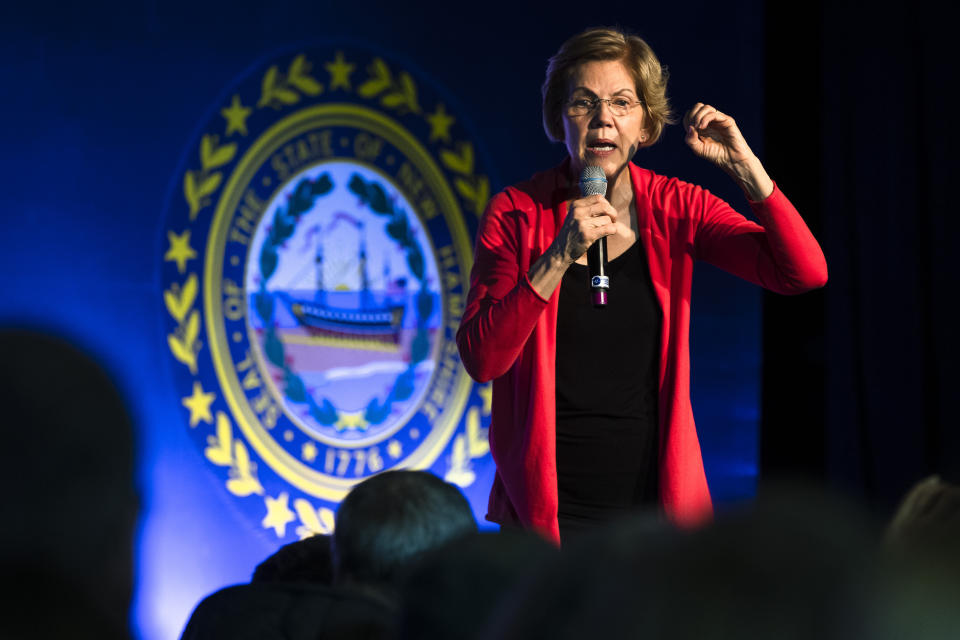 Democratic presidential candidate Sen. Elizabeth Warren, D-Mass., speaks during a campaign event, Thursday, Feb. 6, 2020, in Derry, N.H. (AP Photo/Matt Rourke)