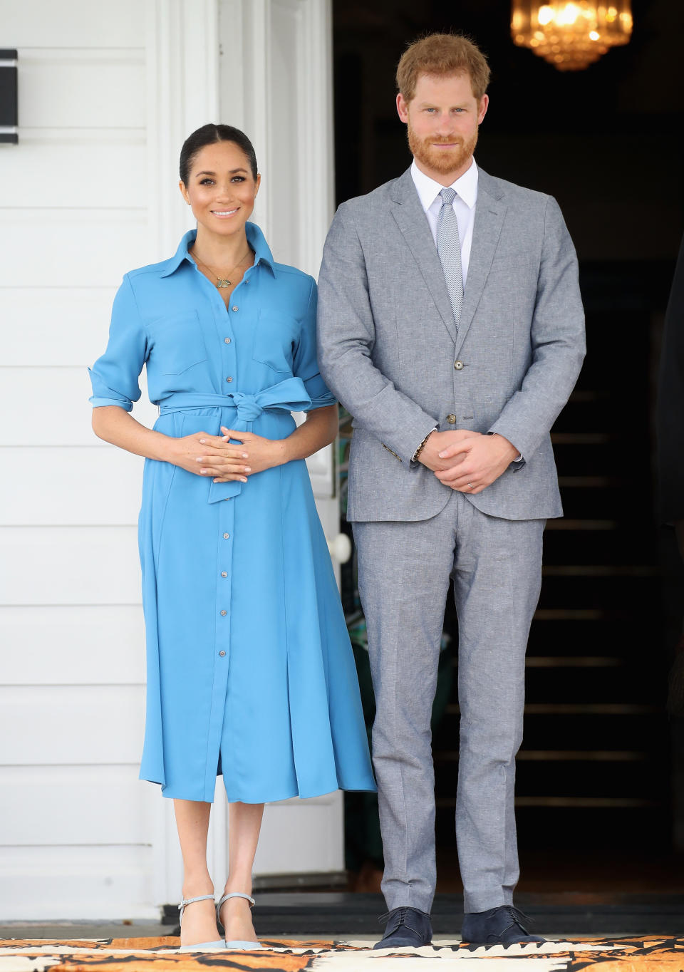 <p>On October 26, the Duchess of Sussex wore a $595 (approx £465) Veronica Beard shirt dress for a trip to Tupou College and Toloa rainforest. She teamed the look with Aquazurra heels – which promptly sold out online. <em>[Photo: Getty]</em> </p>