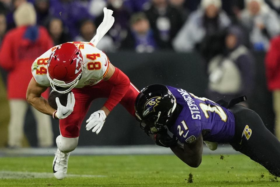 FILE - Kansas City Chiefs wide receiver Justin Watson (84) is tackled by Baltimore Ravens cornerback Brandon Stephens (21) during the second half of the AFC Championship NFL football game, Sunday, Jan. 28, 2024, in Baltimore. NFL officials said, Tuesday, Jan. 30, 2024, that viewers will only see three sports betting ads during the broadcast of the Super Bowl on Feb. 11. (AP Photo/Matt Slocum, File)