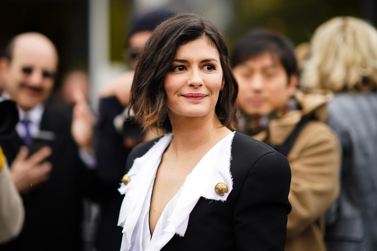 PARIS, FRANCE - FEBRUARY 28: Actress Audrey Tautou wears a black jacket with white lapels, outside Balmain, during Paris Fashion Week - Womenswear Fall/Winter 2020/2021, on February 28, 2020 in Paris, France. (Photo by Edward Berthelot/Getty Images)