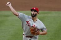 Philadelphia Phillies starting pitcher Jake Arrieta delivers during the second inning of a baseball game against the New York Yankees, Monday, Aug. 3, 2020, at Yankee Stadium in New York. (AP Photo/Kathy Willens)