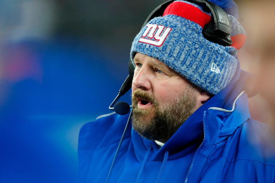 New York Giants Head Coach, Brian Daboll, in the fourth quarter, just before his team beat the <a class="link " href="https://sports.yahoo.com/nfl/teams/philadelphia/" data-i13n="sec:content-canvas;subsec:anchor_text;elm:context_link" data-ylk="slk:Philadelphia Eagles;sec:content-canvas;subsec:anchor_text;elm:context_link;itc:0">Philadelphia Eagles</a>, 27-10, Sunday, January 7, 2024.