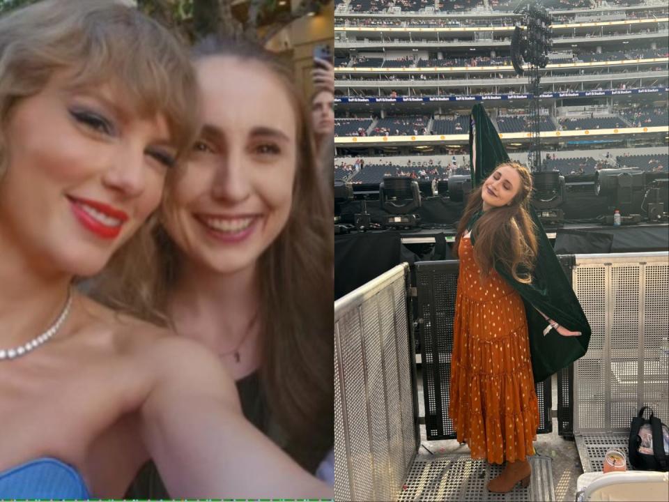 Madeline Cooperman with Taylor Swift (left) and at the Eras Tour (right).