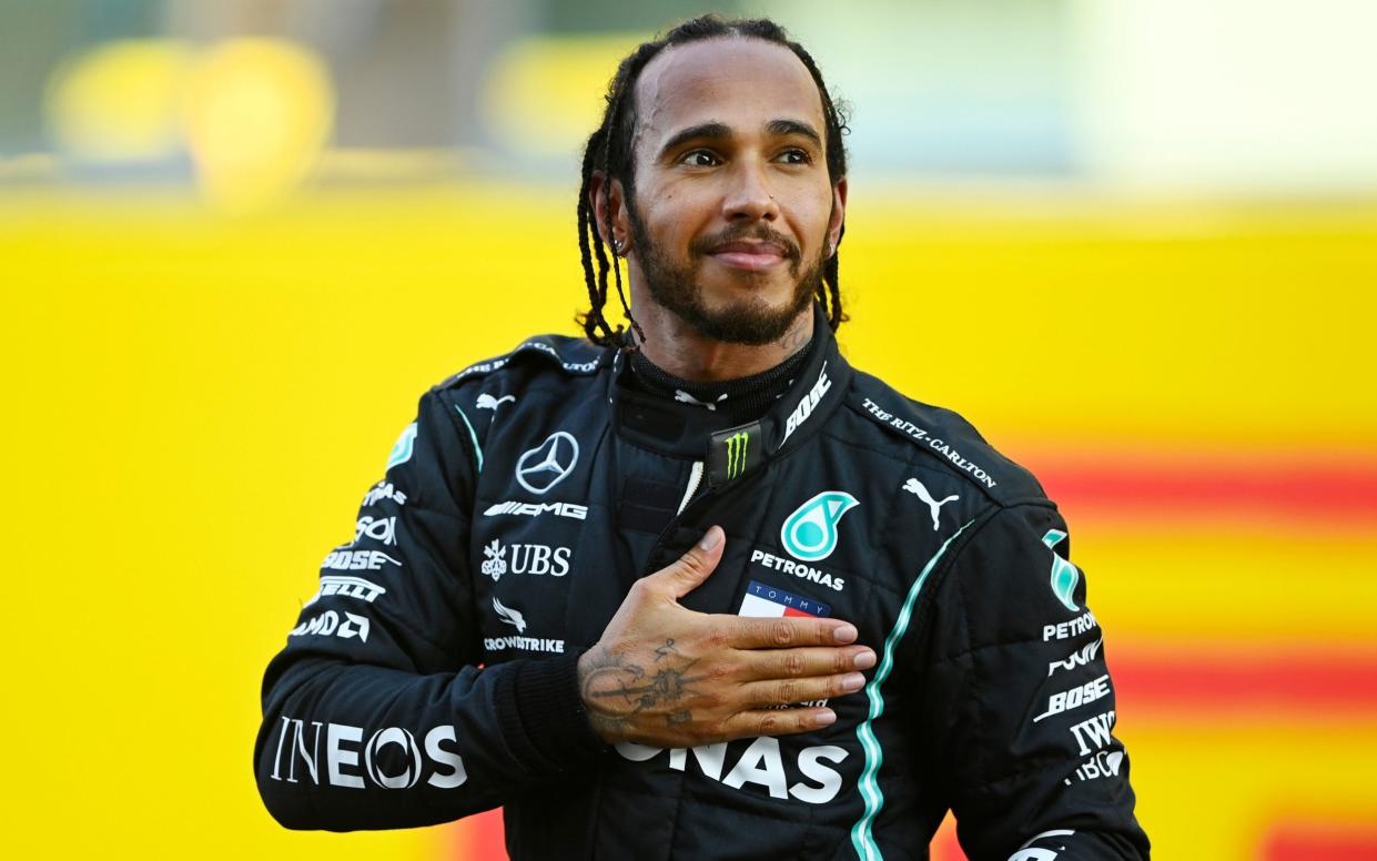 Lewis Hamilton celebrates after the F1 Grand Prix of Tuscany at the Mugello Circuit in Italy in September - Rudy Carezzevoli/Getty Images Sport