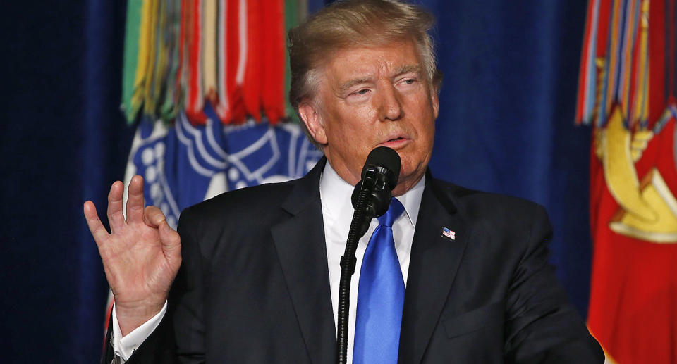 President Trump announces his strategy for the war in Afghanistan during an address to the nation from Fort Myer, Va., on Aug. 21. (Photo: Reuters/Joshua Roberts)