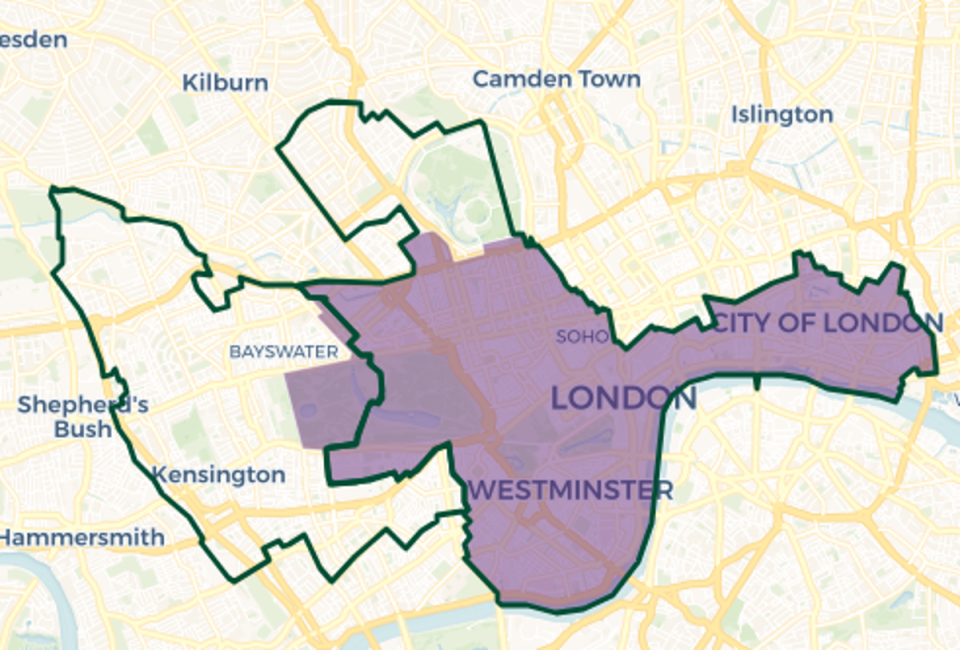 Cities of London and Westminster constituency map: Purple shaded area old constituency boundary. Green outlines new constituency boundaries (© OpenStreetMap contributors | © CARTO)