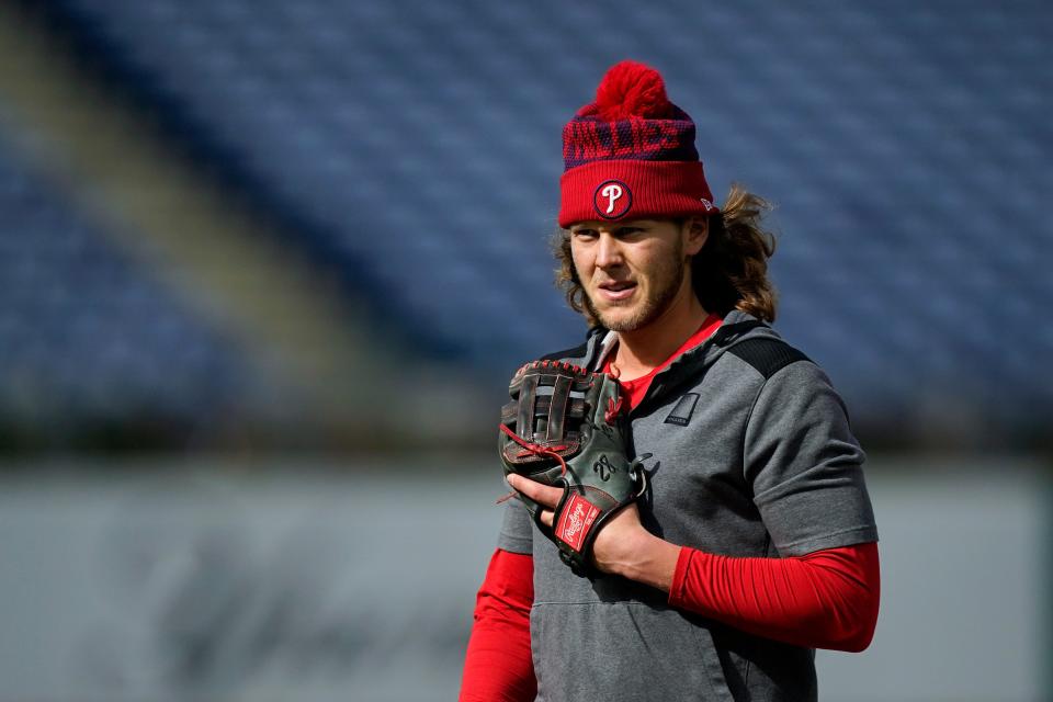 Philadelphia Phillies' Alec Bohm practices before the baseball NL Championship Series against the Arizona Diamondbacks, Sunday, Oct. 15, 2023, in Philadelphia. The Phillies host Game 1 on Monday, Oct. 16.