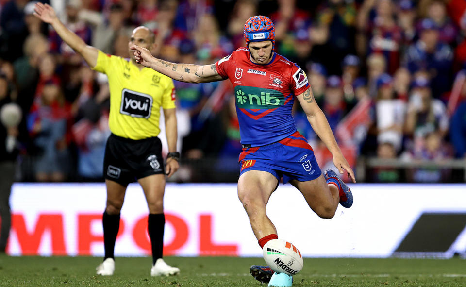 Kalyn Ponga, pictured here kicking the winning goal as the Knights beat the Raiders.