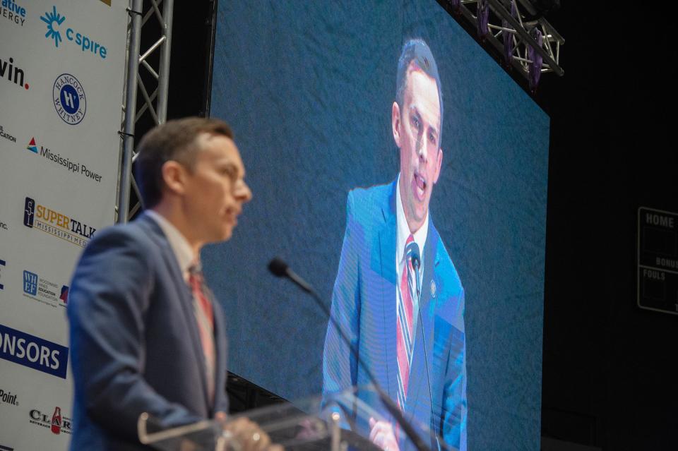 Shad White, the incumbent Republican nominee for state auditor, speaks during the Mississippi Economic Council 2023 Hobnob at the Mississippi Coliseum in Jackson, Thursday, Oct. 26.