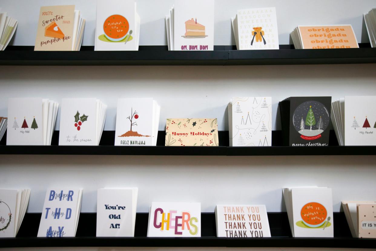 Custom designed cards on sale at the newly opened Brown Suga Stationery & Print Shop in the Kilburn Mill in New Bedford.