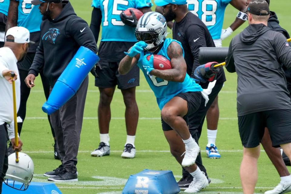 Running back Miles Sanders (6) during a run drill for the Carolina Panthers.
