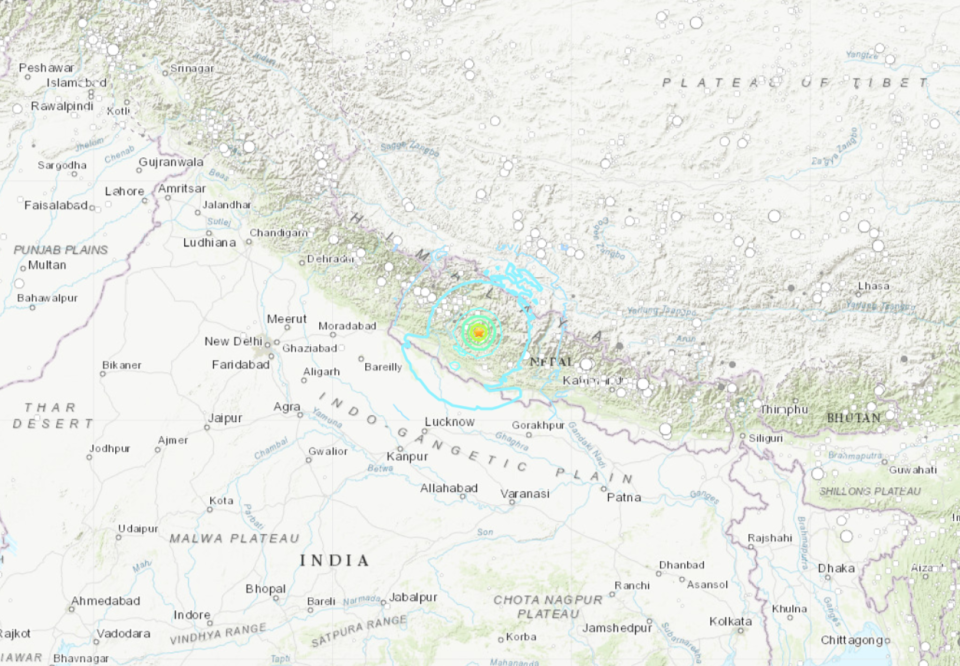 尼泊爾西部一個偏遠地區4日凌晨發生規模5.6的淺層地震。(圖：USGS)
