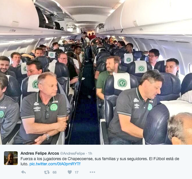 A picture of the Chapecoense team and support staff before takeoff. Source: Twitter