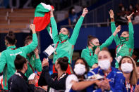 <p>Team Bulgaria reacts after winning the gold medal during the Rhythmic Gymastics the Group All-Around Final.</p>