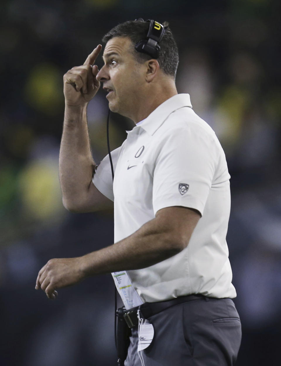 Oregon coach Mario Cristobal makes a point to his team during the third quarter of an NCAA college football game against Colorado on Friday, Oct. 11, 2019, in Eugene, Ore. (AP Photo/Chris Pietsch)